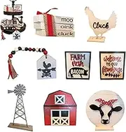 Farmhouse Tiered Tray Decor,8X Wooden Kitchen Counter Decorations - Creative Farm Cow Rooster Tabletop Ornament for Home and Kitchen