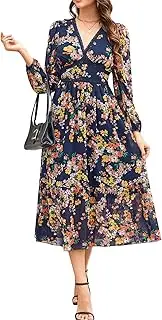 [ChooTeeYeen] Women's V Neck Long Sleeve Wrap Maxi Dress A Line Empire Waist Fall Wedding Guest Party Casual Chiffon Dress