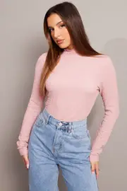 Pink Textured Top Long Sleeve High Neck - Size XS, Women's T-shirt