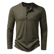 King Billion Men's Cotton Button T-Shirt Henley neck Shirt Long Sleeve Casual Solid color T-Shirts army green M