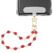 Phone Wrist Strap, Pearl Beaded Phone Charm with Tether Tab, Red & White