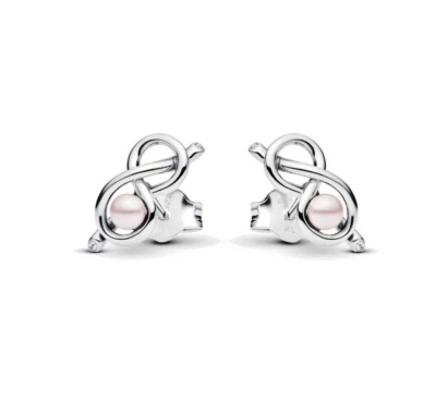 Pandora Infinity Knot Stud Earrings With Pink Pearls 293761C01 With Gift Box