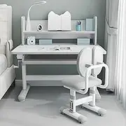 Kids Desk and Chair Set, Height Adjustable Functional Ergonomic Children School Study Table with Tilt Desktop, Workstation Writing Desk with Storage Drawers, LED Light, Bookstand, Metal Hook (Gray)