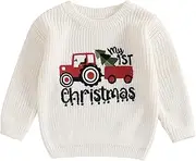 [MOBJVIY] Baby Boy Girl Christmas Sweater Letter Tractor Embroidery Crew Neck Long Sleeve Pullover Top