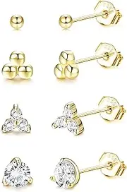 [Sanfenly] Tiny Stud Earrings 14K Gold Plated Sterling Silver Small Trio Ball/Stud CZ Earring Set for Women Minimalist Tragus Cartilage Piercing 20G