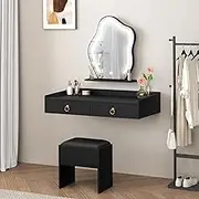 ALFORDSON Wall-Mounted Dressing Table Set 77cm Black Color, Compact Drawers and Storage Stool Sets, Floating Makeup Dessk with LED Light Mirror
