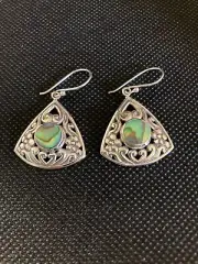.925 Sterling Silver Bezel Set Abalone Shell Floral Triangular Dangle Earrings