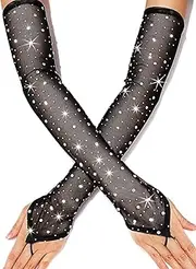 [GEMILY] Rhinestone Long Fingerless Gloves Sparkly Tulle Sheer Gloves Mesh Event Stretch Party Accessories for Women