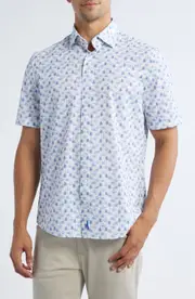 johnnie-O Mendocino Hangin' Out Palm Tree Print Short Sleeve Knit Button-Up Shirt in White at Nordstrom, Size Large