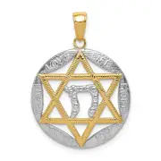14k Yellow & Rhodium Gold w/Rhodium Polished Star of David w/Chai Round Pendant