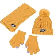 [NautySaurs] Boys Girls Hat Scarf and Gloves Set Winter Thermal Knitted Crochet Hat Bobble Hat Fleece Lined Beanie for Children Aged 2-8 Years