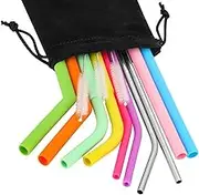 Oumers 10 PCS Reusable Silicone Drinking Straws Set with Storage Pouch- Silicone Drinking Straws,Stainless Steel Metal Straws, Cleaning Brushes for Tumbler Yeti/Rtic Complete Bundle- Different Size