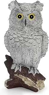 [Yanflerent] Owl Outdoor Statue Figurine Decoration, Hand-Painted Owl on Branch, Waterproof, Fade-Proof Bird Deterrent for Garden, Patio, Home Decor Statue (Gray)