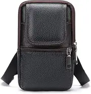 Cell Phone Shoulder Bag Leather Black, Men's Mobile Phone Fanny Pack With Clip, Smartphone Holster Crossbody Messenger Belt Case, Waist Pouch Hip Bag for Hiking Camping