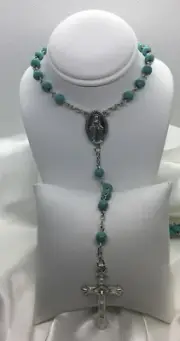 Catholic Turquoise Bead Rosary Virgin Mary with Crucifix Silver-Tone New 2256