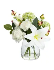 [Fusion] Faux Artificial Peony And Lily Floral Bunch With Glass Vase 28cm in White