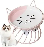 Cat Food Bowl With Cute Printed Design - Raised Feeding Plate With Metal Stand, Elevated Pet Bowl, Shallow Food Dishes for Small Cats and Dogs (Pink)