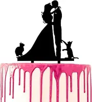 CARISPIBET Wedding cake topper couple kissing, groom and bride with two cats