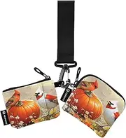 [XYMZR] Mini Zip Around Wristlet keychain Wallet Cardinal Pumpkin Flower for Women Personalized Pattern Detachable Dual Pouch Wristlet Portable Wallet Phone Coin Purse, Multi-colored, One Size