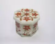 Ring Box Inlaid with Carnelian Stone Octagon White Marble Trinket Box 2.5 Inches