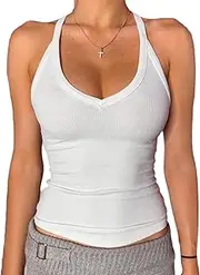 [Danysu] V Neck Racer Back Tank Top for Women Padded Ribbed Long Tank Fitted Basic Cami Tops