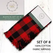 SET OF 8 New RACHEL ASHWELL Farmhouse Buffalo Plaid NAPKINS Red Black Fringe