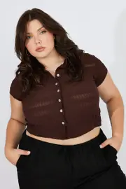Brown Collared Top Short Sleeve Textured