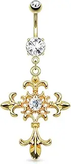 [PiercedOff] Gold Tone PVD over 316L Surgical Steel Belly Bar with 2 CZ Balls and Fleur de Lis Cross Dangle with Centered Clear CZ, Stainless Steel
