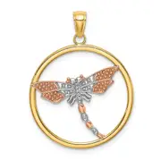 14k Two-tone Gold White Rhodium Textured Dragonfly in Round Frame Charm