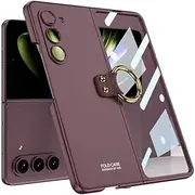 Ultra-Thin Phone Case for Samsung Galaxy Z Fold 5, Folding Shell with Ring Bracket for Z Fold5, Protective Cover with Tempered Glass Film (Red, for Fold 5)