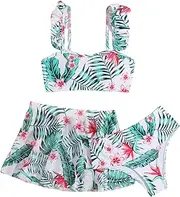 [COOLOYA] Girl's 3 Piece Bikini Set Tropical Print Bathing Suit High Waist Swimwear with Skirts Cover Ups