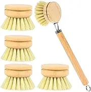 5pcs Dish Brushes with Replaceable Head Set，Soft Sisal Dish Scrub Brush with Handle Kitchen Cleaning Scrub Brush Set，Natural Wood Wooden Dishwashing Cleaning Scrubber for Cleaning Pot