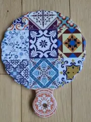 Mediterranean Ceramic Glossy Tile Platter Trivet w Handle Cork Base Amalfi Italy