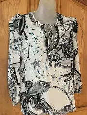 EMILIO PUCCI Silk Abstract Fish Pattern L/S Blouse Tie Front Ruffles Size 40 NWT