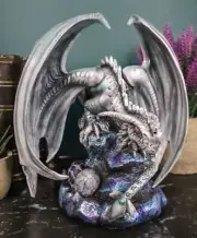 Grey Silverback Rock Behemoth Dragon With Egg Hatchling Statue 8"H Anne Stokes