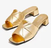 Prada Quilted Leather Diagram Gold Platino Logo Slide Sandal Block Heel 41.5