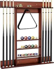 LDAILY Pool Cue Rack Only, Wooden Pool Cue Holder, Holds 8 Cues, 15 Billiard Balls & Ball Rack, Pool Stick Holder Wall Mount for Billiard Room, Club & Man Cave, 31" L x 3" W x 36" H (Coffee)