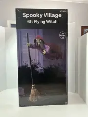 SPOOKY VILLAGE ANIMATED FLYING WITCH 6 FT talking Halloween prop evil hag RARE