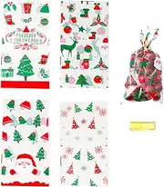 AWOCAN 100PCS Christmas Cookie Candy Clear Cellophane Treat Bags with Twist Ties,4 Assorted Styles (Santa Claus, deer, Christmas tree,present box)