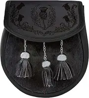 [I LUV LTD] Semi Dress Sporran Grey Leather Black Faux Fur Embossed Thistle Design Scottish Made with Sporran Chain Sml 32" - 36" Scottish Celtic Wallet Pouch Kilt Accessories for Men