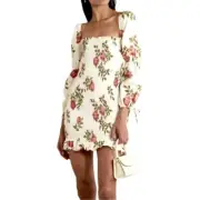 Reformation Hilary Smocked Linen Mini Dress Jolie, Small (4-6), NWT