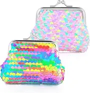 [Prasacco] 2 Pcs Sequin Coin Purses Reversible Sequin Mini Wallet with Kiss-Lock Closure Colorful Change Coin Purse Bag Handbags for Kids Girls Women Party Favor, Assorted, Colorful