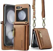 [UDBKKDX] Wallet Case for Samsung Galaxy Z Flip 5, Matte Leather with Zipper Viewing Stand Camera Protection Shockproof Card Holders Cover with Shoulder Straps case Cover
