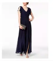 Adrianna Papell Shirred Tulle Gown Size 2 Flutter Sleeves Pleated Midnight