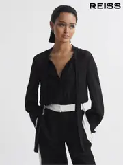 Reiss Black Arina Tie Neck Semi-Sheer Blouse (992122) | $280