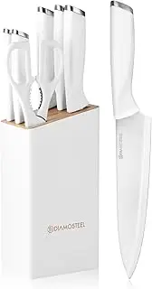 Diamosteel White 7-Piece Knife Set with Block, Sharp Stainless Steel Blade, Ergonomic Handle, Chef, Slicing, Bread, Utility, Paring Knife, Kitchen Scissors