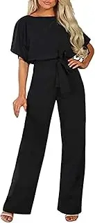 [AGUCEG] Women's Elegant Half Sleeve Lantern Sleeve Wide Leg Jumpsuit with Belt, black, XX-Large