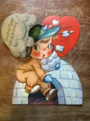 VINTAGE 1940'S NOS FOLDING VALENTINE DAYCARD~U CAN'T ESCAPE ME!~SNOWBALL FIGHT