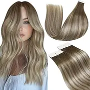 Blonde Balayage Real Hair Tape-In Extensions Real Hair Light Brown Balayage Ombre Platinum Blonde Hair Extensions Tape in Hair Extensions Remy Real Hair Tapes Natural Straight 50 g / 20 Pieces 50 cm