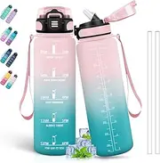 Drinking Bottle, 1 Litre Sports Water Bottle with Straw, Leak-Proof Drinking Bottle with Motivational Slogan, Water Bottle with Time Marking, for Fitness, Camping, Yoga, Pink-Cyan